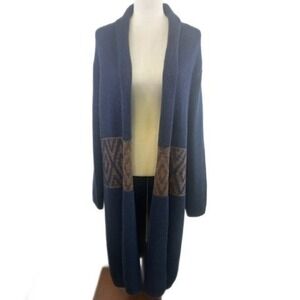 Bobeau Sweater Women's Size Large Blue Aztec Print Knit‎ Long Cardigan Coatigan